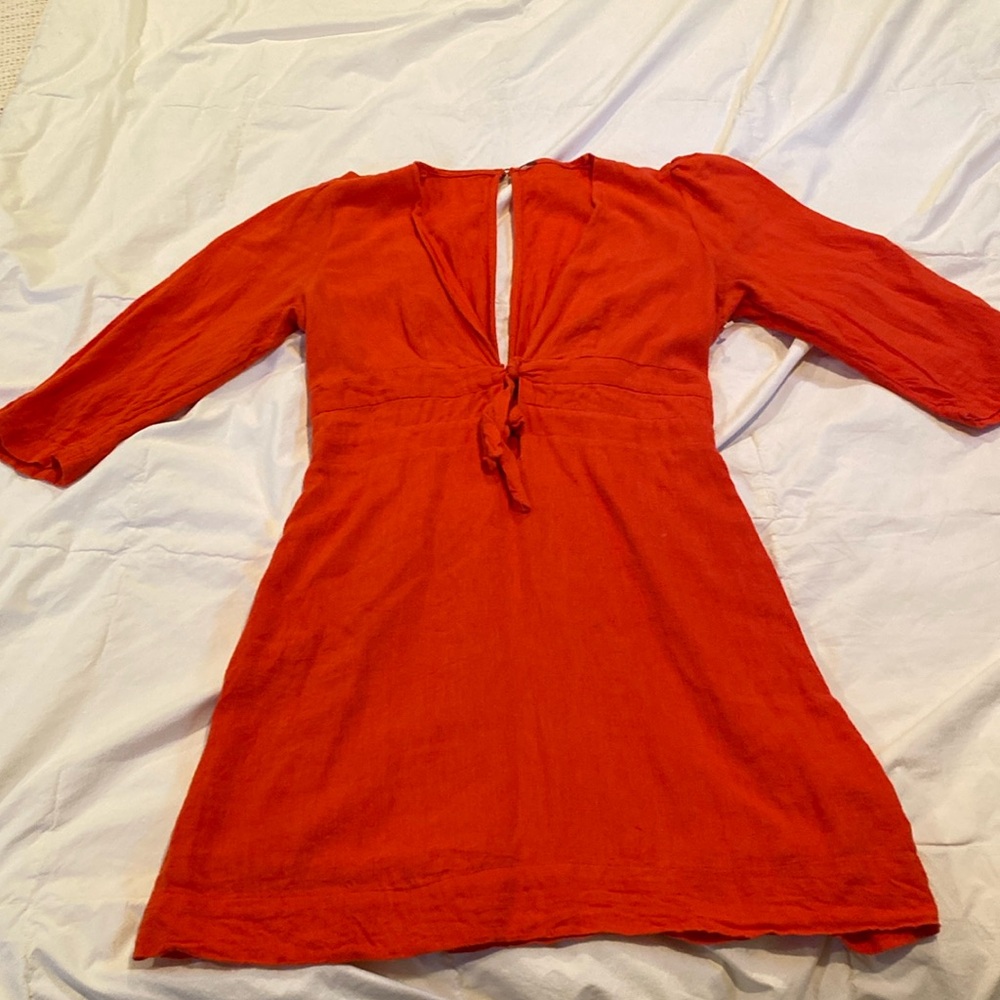 Free People Orange Red 3/4 Sleeve Plunge Neck Mini Dresss Size Small
